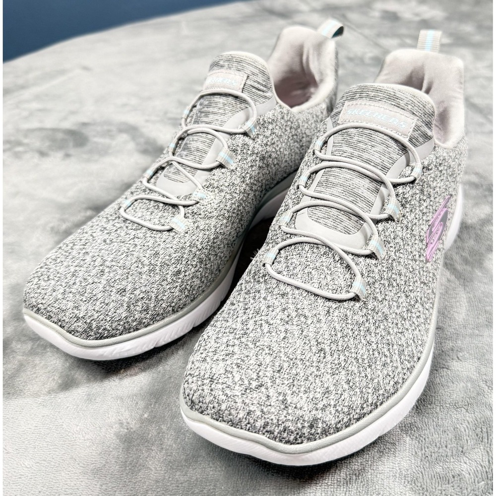 Skechers Memory Foam Shoes Womens Size 8 Gray Knit Slip On Sneakers SN 149934